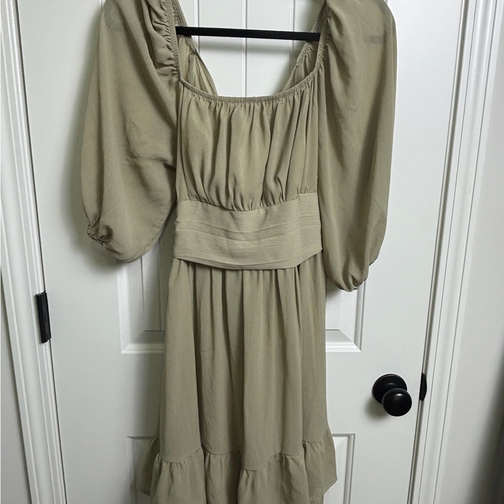 Amazon Olive Puff-Sleeve Midi Dress with Waist Band